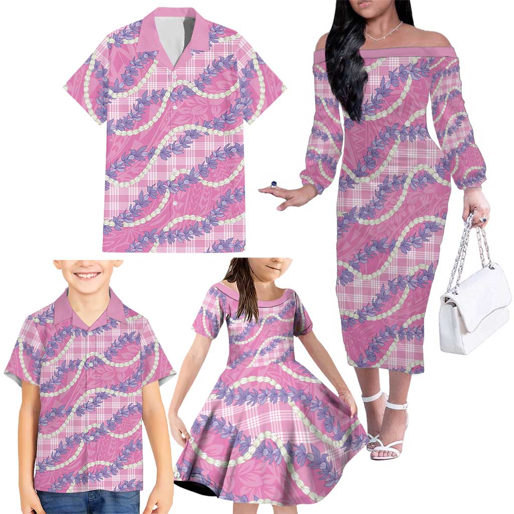 Pink Hawaii Palaka Honohono Pikake Family Matching Off The Shoulder Long Sleeve Dress and Hawaiian Shirt Hawaiian Orchid Lei Polynesian Pattern - Polynesian Pride