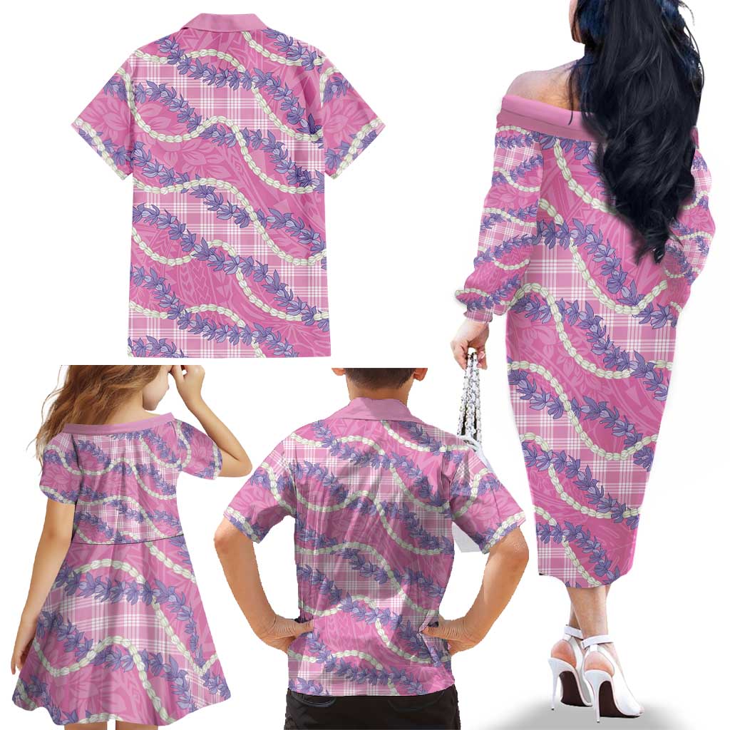 Pink Hawaii Palaka Honohono Pikake Family Matching Off The Shoulder Long Sleeve Dress and Hawaiian Shirt Hawaiian Orchid Lei Polynesian Pattern LT14 - Polynesian Pride