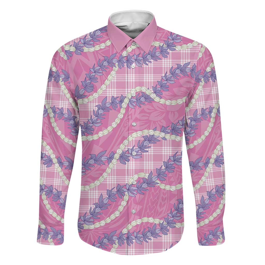 Pink Hawaii Palaka Honohono Pikake Family Matching Off Shoulder Maxi Dress and Hawaiian Shirt Hawaiian Orchid Lei Polynesian Pattern LT14 Dad's Shirt - Long Sleeve Pink - Polynesian Pride