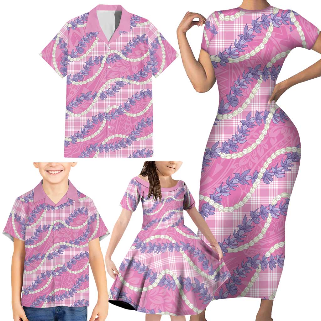 Pink Hawaii Palaka Honohono Pikake Family Matching Short Sleeve Bodycon Dress and Hawaiian Shirt Hawaiian Orchid Lei Polynesian Pattern LT14 - Polynesian Pride