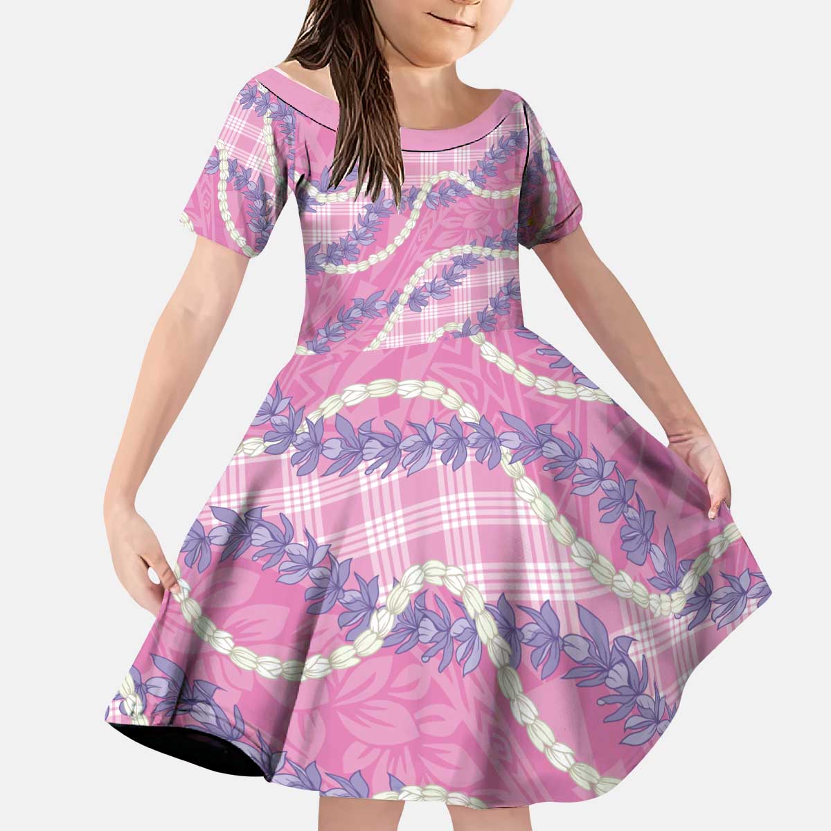 Pink Hawaii Palaka Honohono Pikake Kid Short Sleeve Dress Hawaiian Orchid Lei Polynesian Pattern - Polynesian Pride