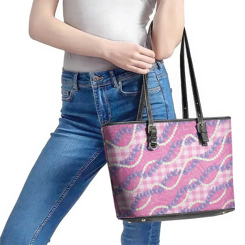 Pink Hawaii Palaka Honohono Pikake Leather Tote Bag Hawaiian Orchid Lei Polynesian Pattern - Polynesian Pride