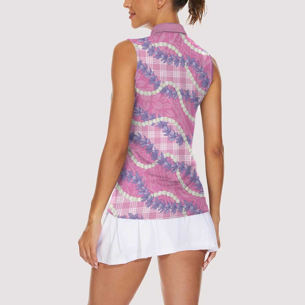 Pink Hawaii Palaka Honohono Pikake Women Sleeveless Polo Shirt Hawaiian Orchid Lei Polynesian Pattern - Polynesian Pride