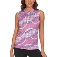 Pink Hawaii Palaka Honohono Pikake Women Sleeveless Polo Shirt Hawaiian Orchid Lei Polynesian Pattern - Polynesian Pride