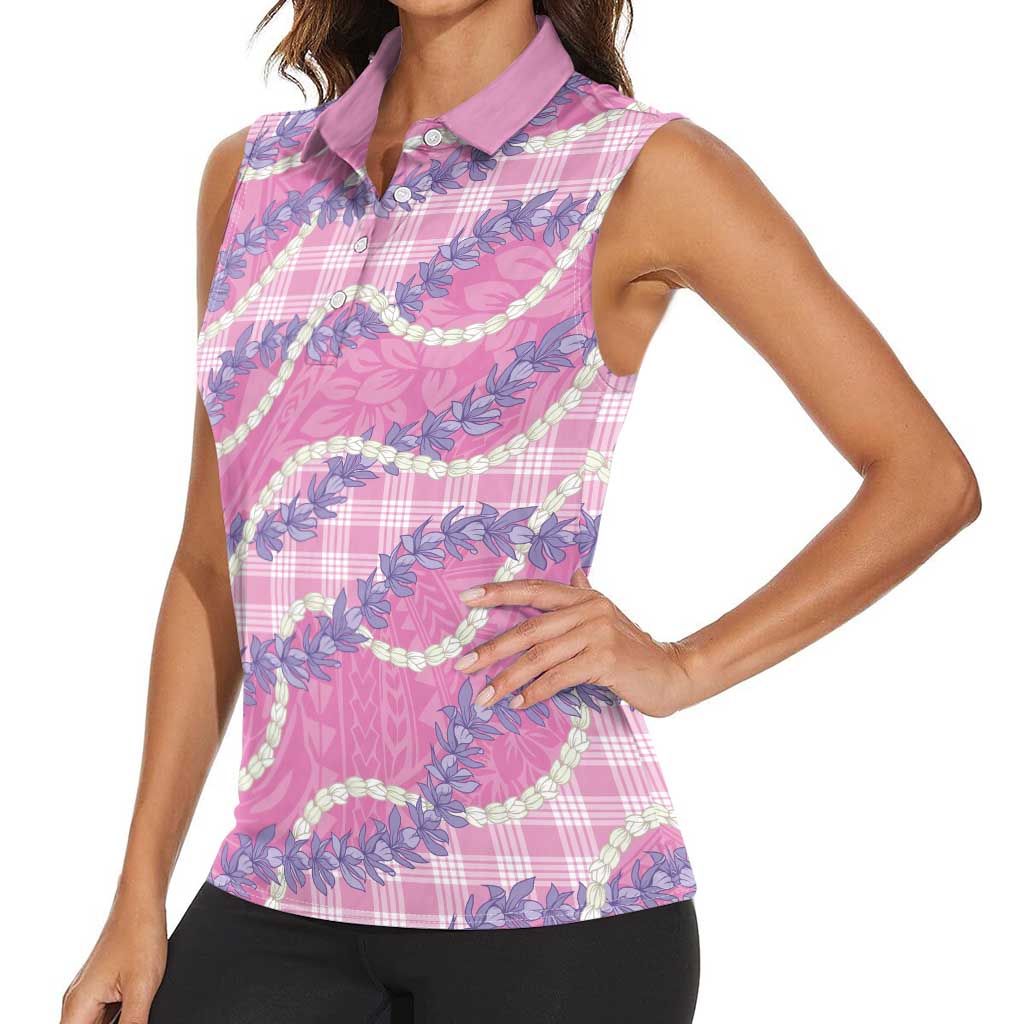 Pink Hawaii Palaka Honohono Pikake Women Sleeveless Polo Shirt Hawaiian Orchid Lei Polynesian Pattern - Polynesian Pride