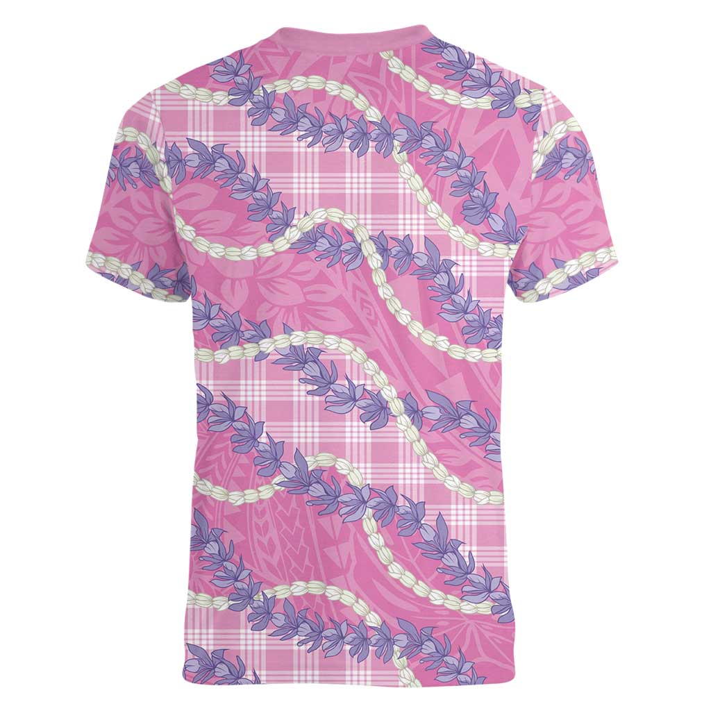 Pink Hawaii Palaka Honohono Pikake Women V-Neck T-Shirt Hawaiian Orchid Lei Polynesian Pattern - Polynesian Pride