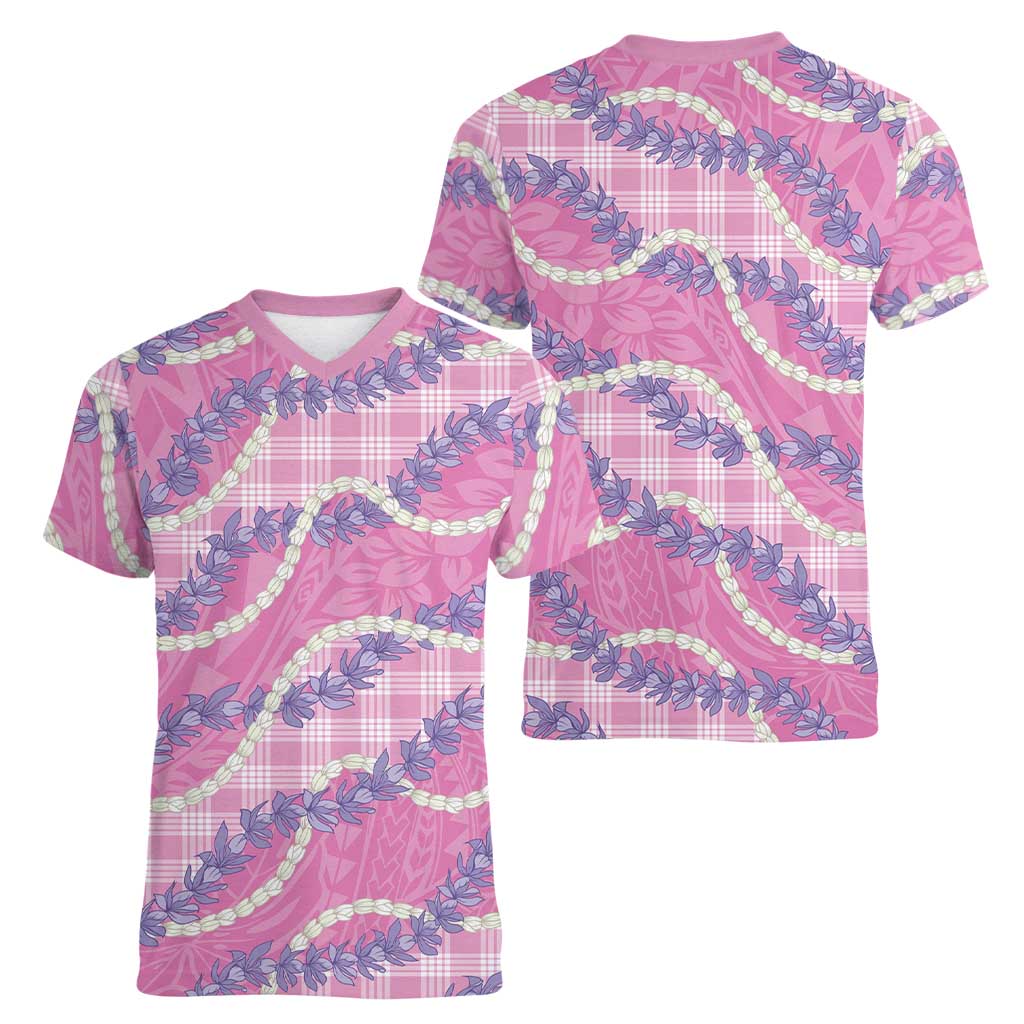 Pink Hawaii Palaka Honohono Pikake Women V-Neck T-Shirt Hawaiian Orchid Lei Polynesian Pattern - Polynesian Pride