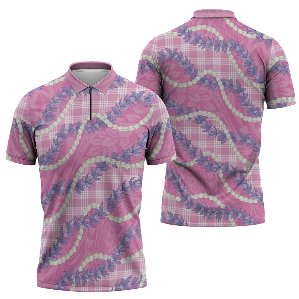 Pink Hawaii Palaka Honohono Pikake Zipper Polo Shirt Hawaiian Orchid Lei Polynesian Pattern - Polynesian Pride