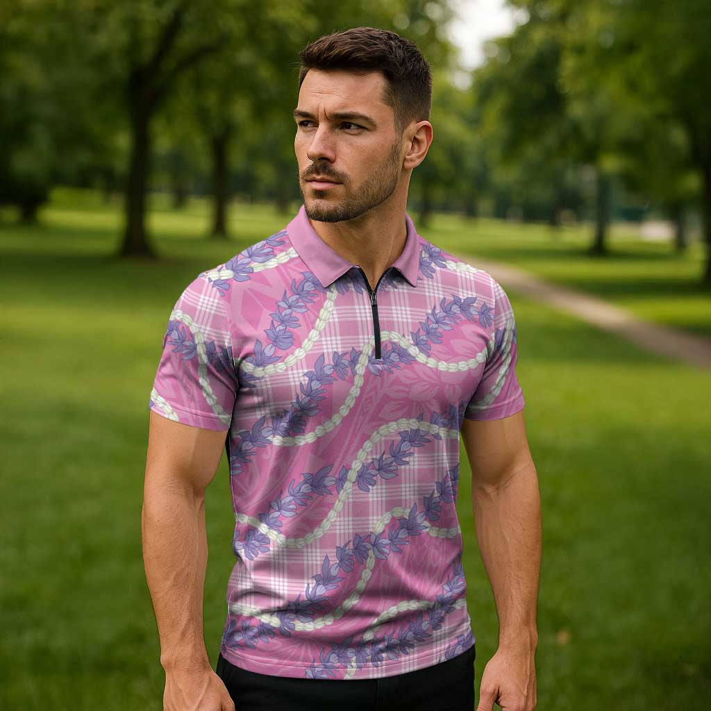 Pink Hawaii Palaka Honohono Pikake Zipper Polo Shirt Hawaiian Orchid Lei Polynesian Pattern - Polynesian Pride