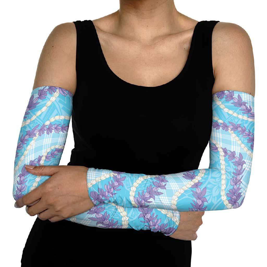 Blue Hawaii Palaka Honohono Pikake Arm Sleeves Hawaiian Orchid Lei Polynesian Pattern - Polynesian Pride