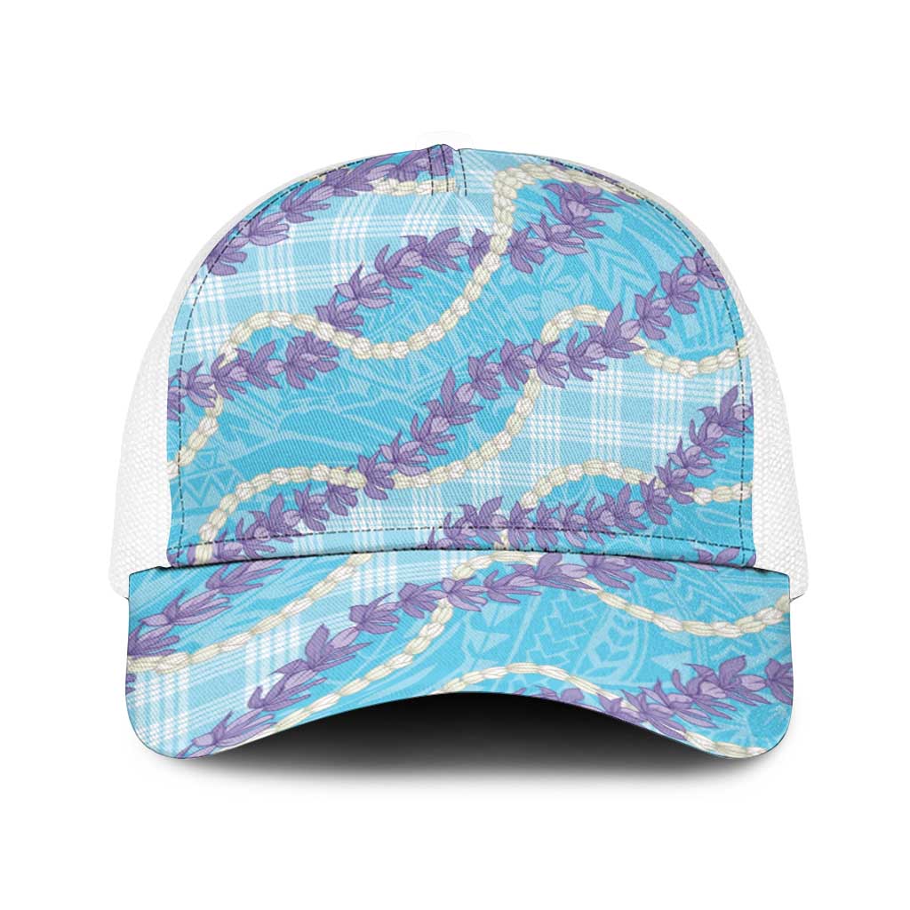 Blue Hawaii Palaka Honohono Pikake Baseball Net Cap Hawaiian Orchid Lei Polynesian Pattern - Polynesian Pride