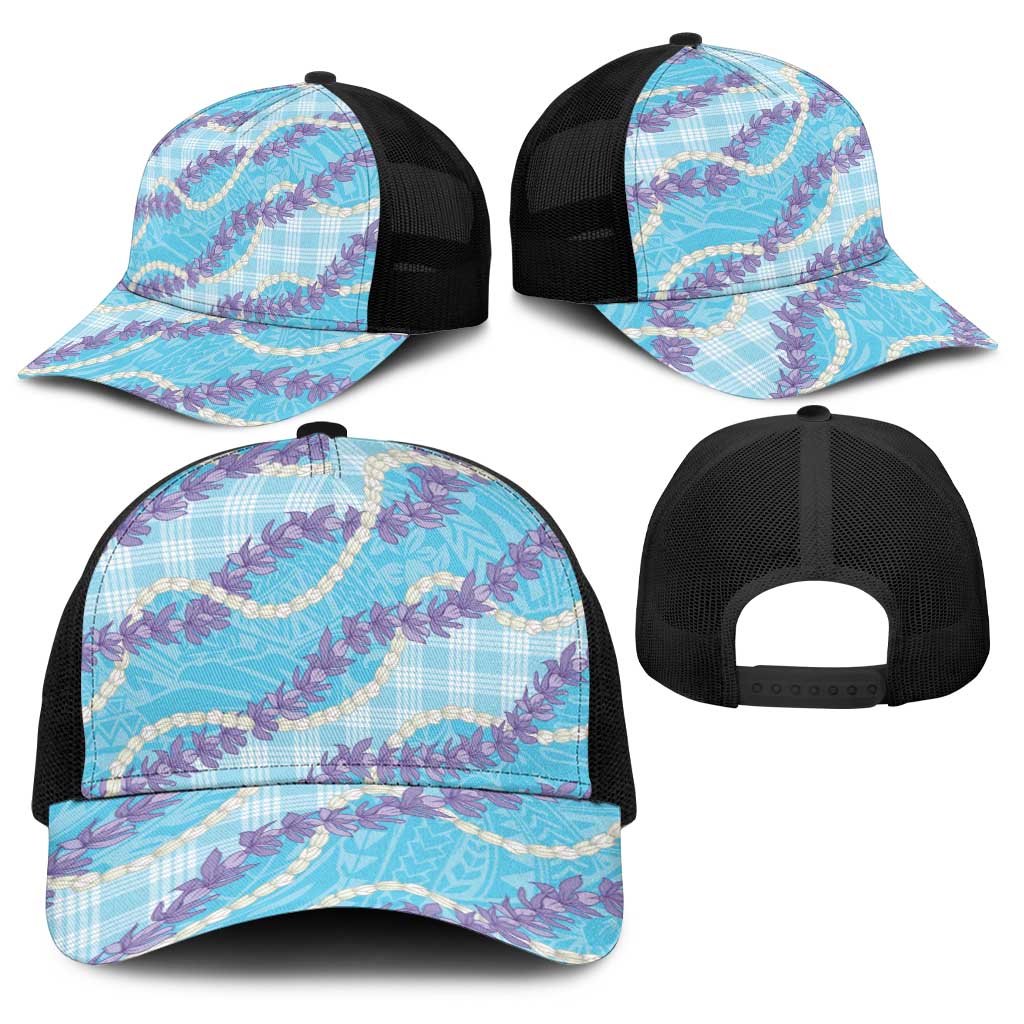 Blue Hawaii Palaka Honohono Pikake Baseball Net Cap Hawaiian Orchid Lei Polynesian Pattern - Polynesian Pride