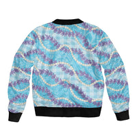 Blue Hawaii Palaka Honohono Pikake Bomber Jacket Hawaiian Orchid Lei Polynesian Pattern - Polynesian Pride