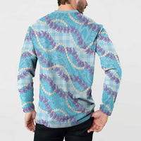Blue Hawaii Palaka Honohono Pikake Button Sweatshirt Hawaiian Orchid Lei Polynesian Pattern - Polynesian Pride