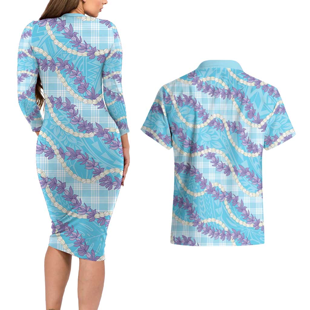 Blue Hawaii Palaka Honohono Pikake Couples Matching Long Sleeve Bodycon Dress and Hawaiian Shirt Hawaiian Orchid Lei Polynesian Pattern LT14 - Polynesian Pride