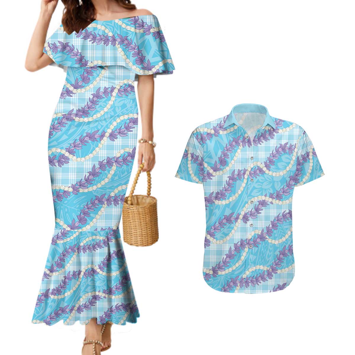 Blue Hawaii Palaka Honohono Pikake Couples Matching Mermaid Dress and Hawaiian Shirt Hawaiian Orchid Lei Polynesian Pattern - Polynesian Pride