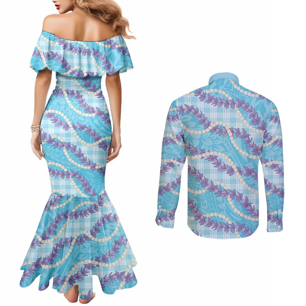 Blue Hawaii Palaka Honohono Pikake Couples Matching Mermaid Dress and Long Sleeve Button Shirt Hawaiian Orchid Lei Polynesian Pattern - Polynesian Pride