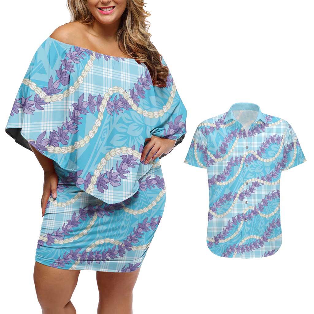Blue Hawaii Palaka Honohono Pikake Couples Matching Off Shoulder Short Dress and Hawaiian Shirt Hawaiian Orchid Lei Polynesian Pattern - Polynesian Pride