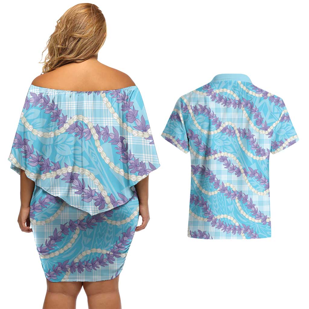 Blue Hawaii Palaka Honohono Pikake Couples Matching Off Shoulder Short Dress and Hawaiian Shirt Hawaiian Orchid Lei Polynesian Pattern - Polynesian Pride