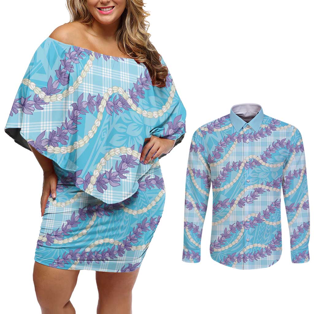 Blue Hawaii Palaka Honohono Pikake Couples Matching Off Shoulder Short Dress and Long Sleeve Button Shirt Hawaiian Orchid Lei Polynesian Pattern - Polynesian Pride