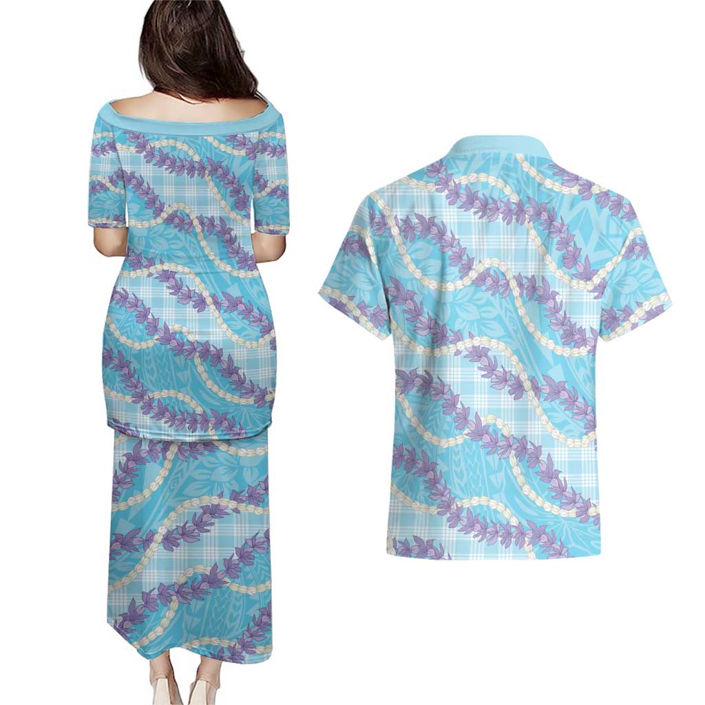 Blue Hawaii Palaka Honohono Pikake Couples Matching Puletasi and Hawaiian Shirt Hawaiian Orchid Lei Polynesian Pattern - Polynesian Pride