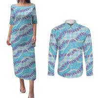 Blue Hawaii Palaka Honohono Pikake Couples Matching Puletasi and Long Sleeve Button Shirt Hawaiian Orchid Lei Polynesian Pattern - Polynesian Pride