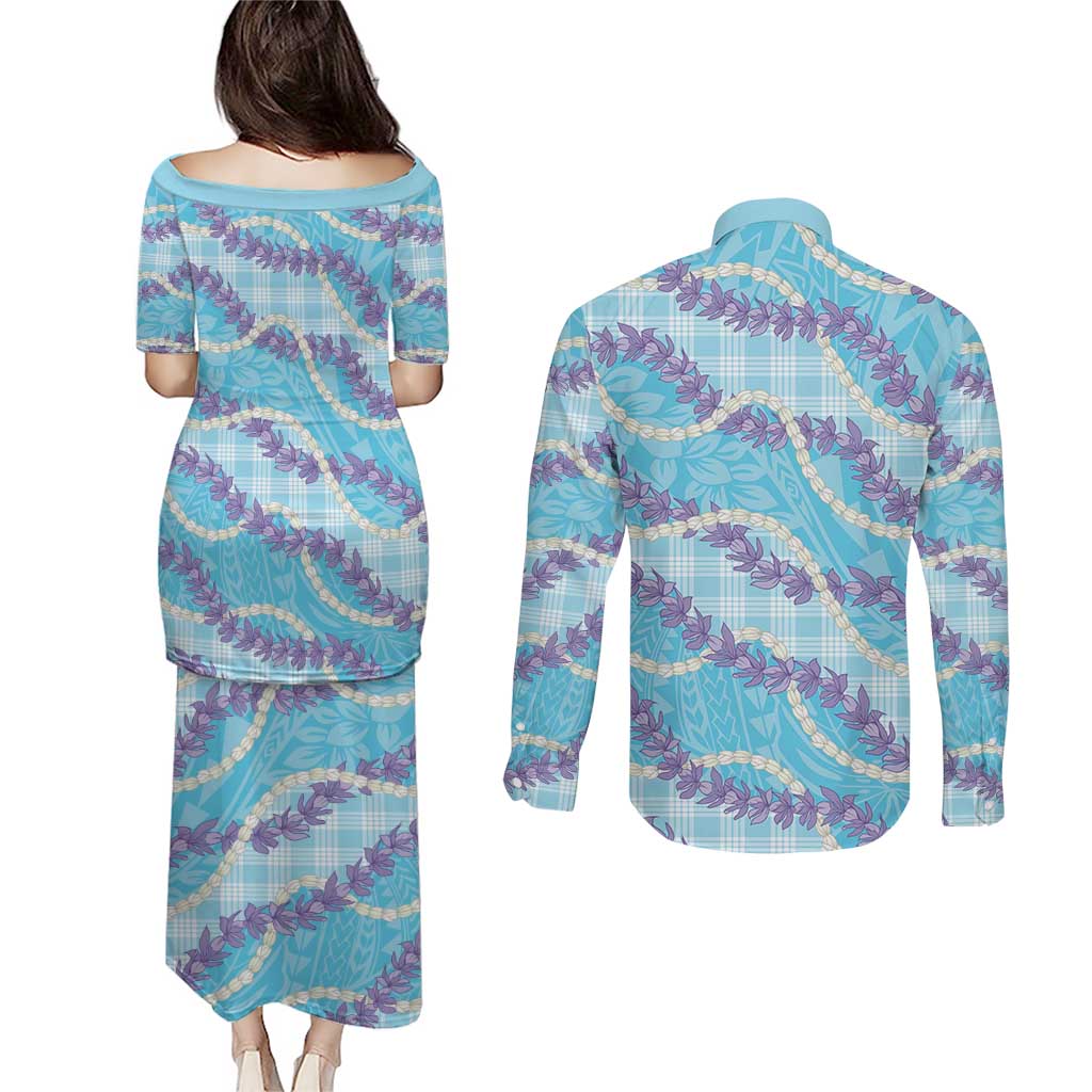 Blue Hawaii Palaka Honohono Pikake Couples Matching Puletasi and Long Sleeve Button Shirt Hawaiian Orchid Lei Polynesian Pattern - Polynesian Pride