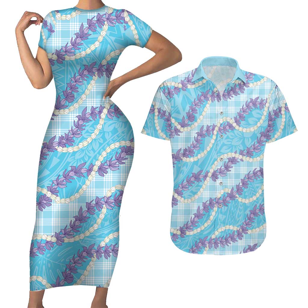Blue Hawaii Palaka Honohono Pikake Couples Matching Short Sleeve Bodycon Dress and Hawaiian Shirt Hawaiian Orchid Lei Polynesian Pattern LT14 Blue - Polynesian Pride
