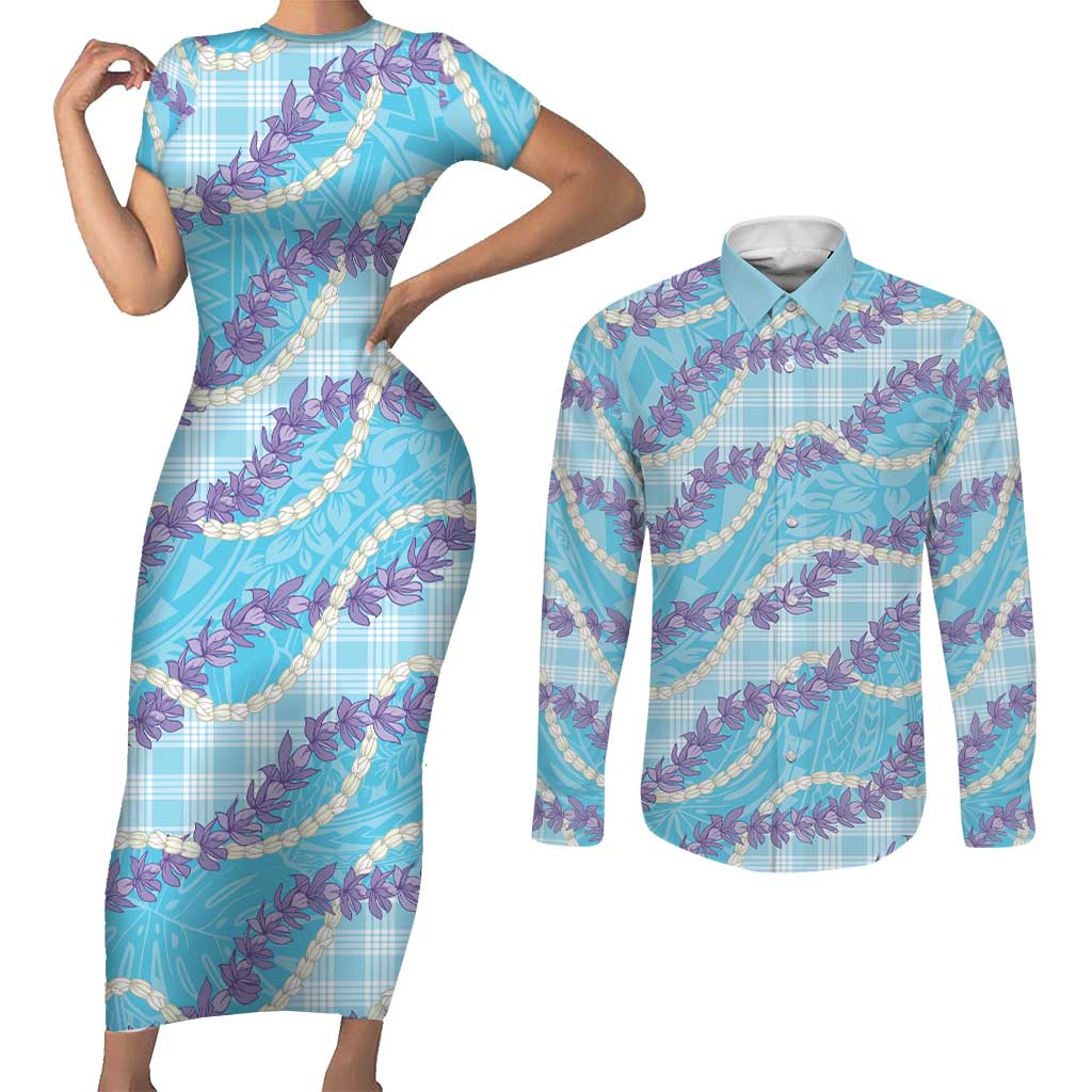 Blue Hawaii Palaka Honohono Pikake Couples Matching Short Sleeve Bodycon Dress and Long Sleeve Button Shirt Hawaiian Orchid Lei Polynesian Pattern - Polynesian Pride