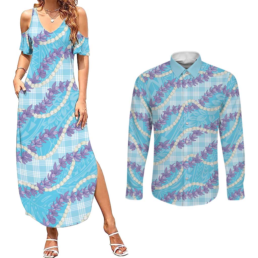 Blue Hawaii Palaka Honohono Pikake Couples Matching Summer Maxi Dress and Long Sleeve Button Shirt Hawaiian Orchid Lei Polynesian Pattern - Polynesian Pride