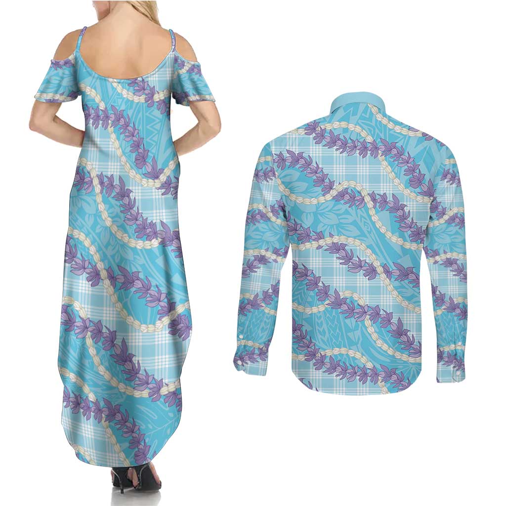 Blue Hawaii Palaka Honohono Pikake Couples Matching Summer Maxi Dress and Long Sleeve Button Shirt Hawaiian Orchid Lei Polynesian Pattern - Polynesian Pride