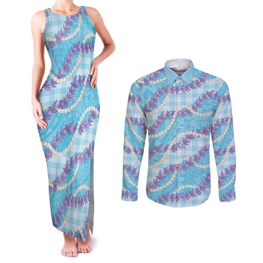 Blue Hawaii Palaka Honohono Pikake Couples Matching Tank Maxi Dress and Long Sleeve Button Shirt Hawaiian Orchid Lei Polynesian Pattern - Polynesian Pride
