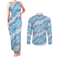 Blue Hawaii Palaka Honohono Pikake Couples Matching Tank Maxi Dress and Long Sleeve Button Shirt Hawaiian Orchid Lei Polynesian Pattern - Polynesian Pride