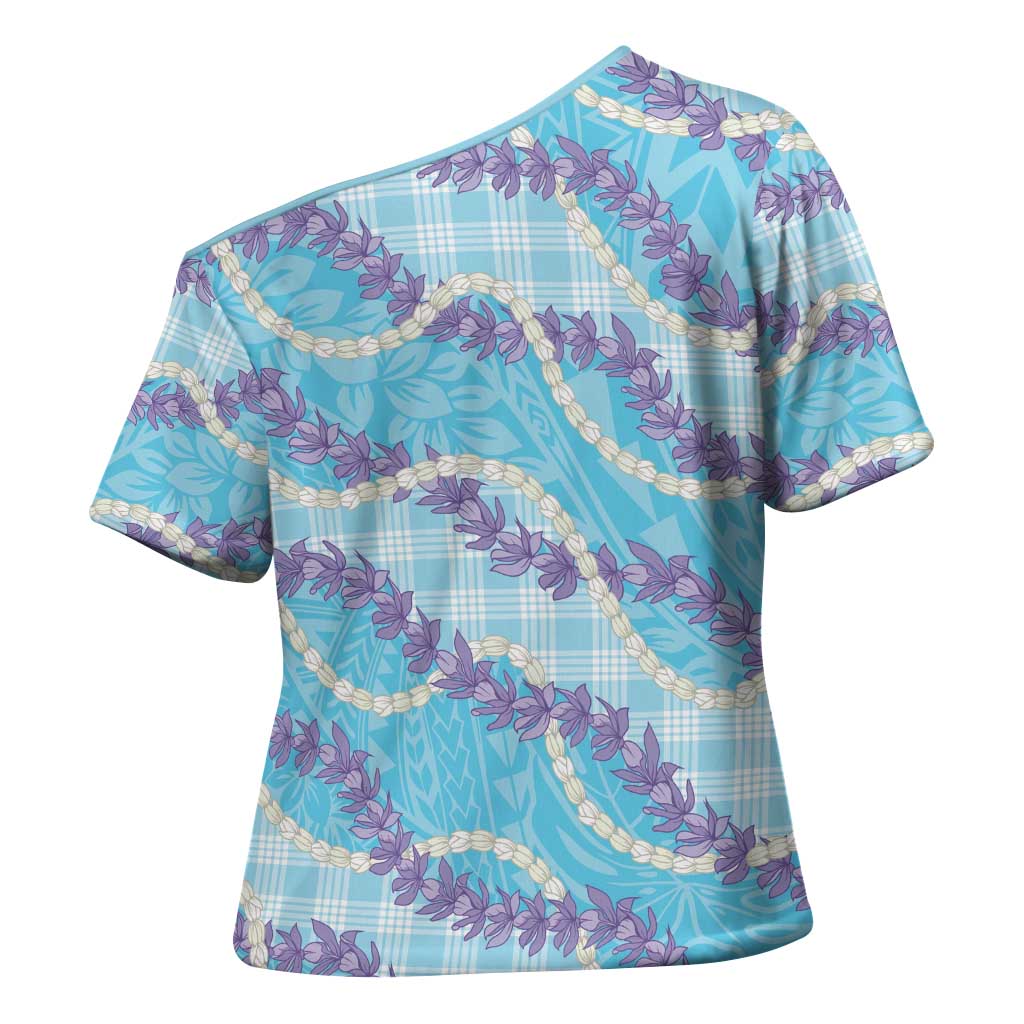 Blue Hawaii Palaka Honohono Pikake Cross Shoulder Shirt Hawaiian Orchid Lei Polynesian Pattern - Polynesian Pride