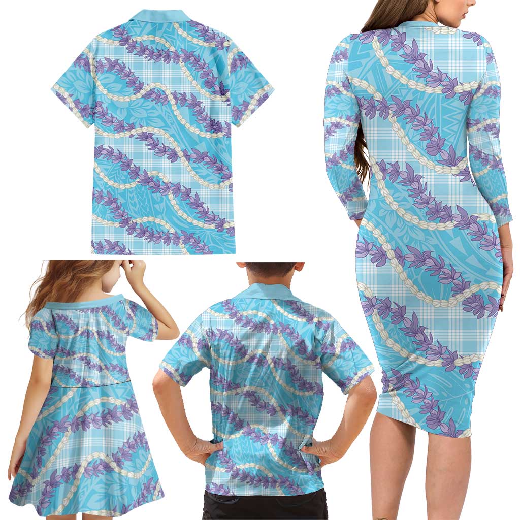 Blue Hawaii Palaka Honohono Pikake Family Matching Long Sleeve Bodycon Dress and Hawaiian Shirt Hawaiian Orchid Lei Polynesian Pattern LT14 - Polynesian Pride
