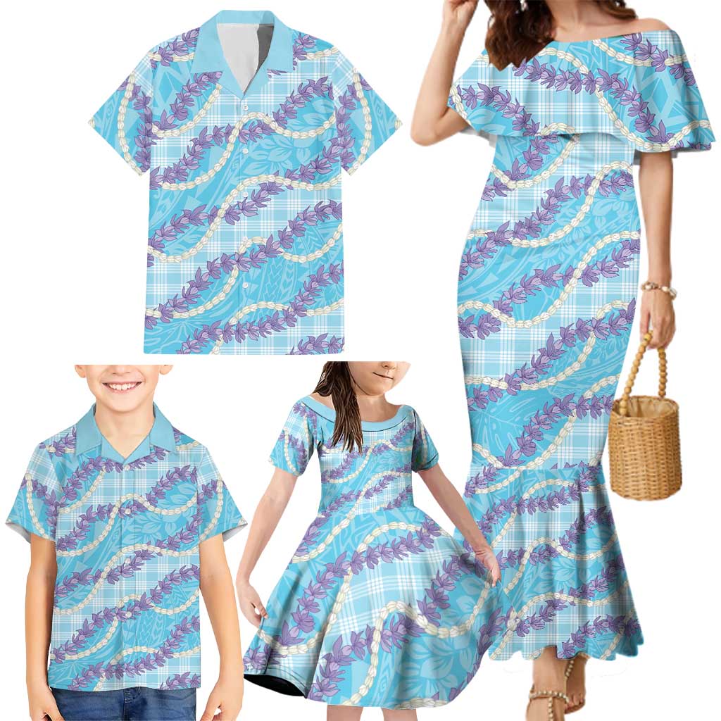 Blue Hawaii Palaka Honohono Pikake Family Matching Mermaid Dress and Hawaiian Shirt Hawaiian Orchid Lei Polynesian Pattern - Polynesian Pride