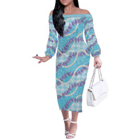 Blue Hawaii Palaka Honohono Pikake Family Matching Off The Shoulder Long Sleeve Dress and Hawaiian Shirt Hawaiian Orchid Lei Polynesian Pattern LT14 Blue - Polynesian Pride