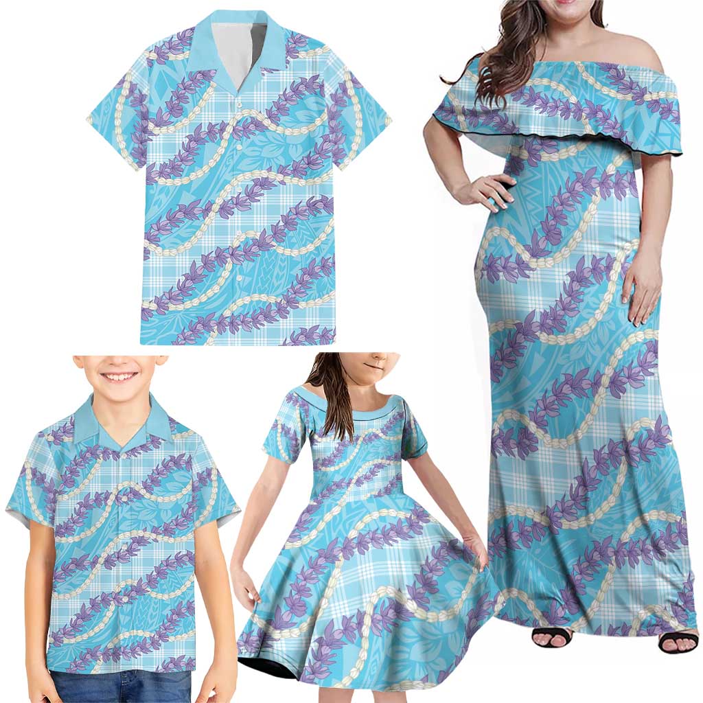 Blue Hawaii Palaka Honohono Pikake Family Matching Off Shoulder Maxi Dress and Hawaiian Shirt Hawaiian Orchid Lei Polynesian Pattern LT14 - Polynesian Pride