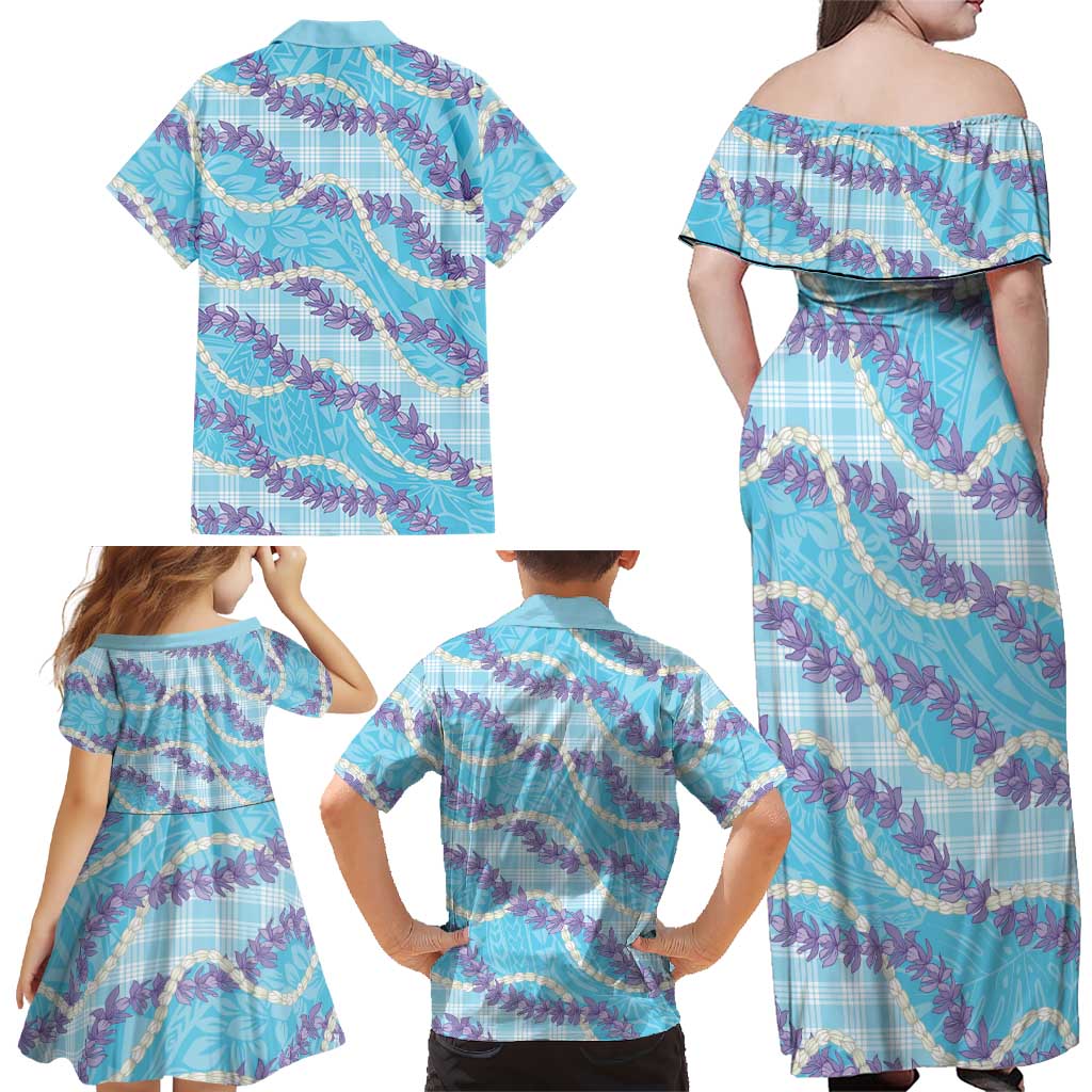 Blue Hawaii Palaka Honohono Pikake Family Matching Off Shoulder Maxi Dress and Hawaiian Shirt Hawaiian Orchid Lei Polynesian Pattern LT14 - Polynesian Pride