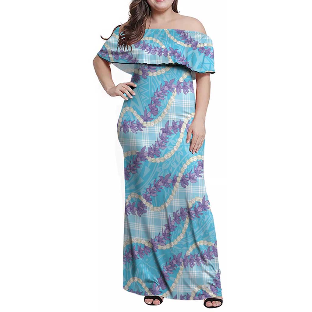 Blue Hawaii Palaka Honohono Pikake Family Matching Off Shoulder Maxi Dress and Hawaiian Shirt Hawaiian Orchid Lei Polynesian Pattern LT14 Blue - Polynesian Pride