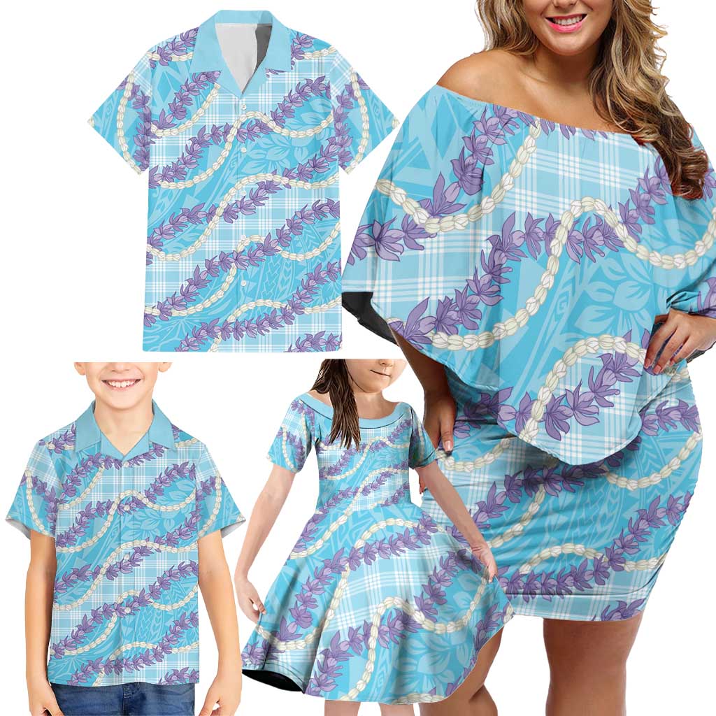 Blue Hawaii Palaka Honohono Pikake Family Matching Off Shoulder Short Dress and Hawaiian Shirt Hawaiian Orchid Lei Polynesian Pattern - Polynesian Pride