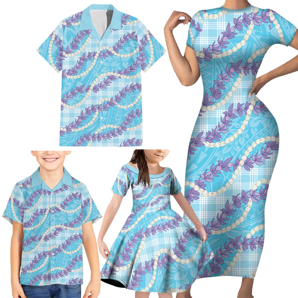 Blue Hawaii Palaka Honohono Pikake Family Matching Short Sleeve Bodycon Dress and Hawaiian Shirt Hawaiian Orchid Lei Polynesian Pattern LT14 - Polynesian Pride