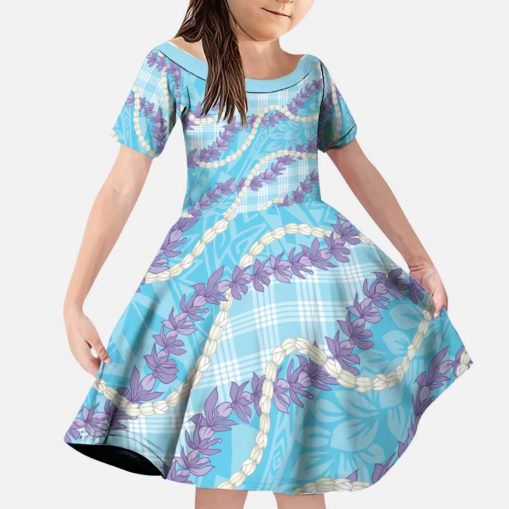 Blue Hawaii Palaka Honohono Pikake Family Matching Summer Maxi Dress and Hawaiian Shirt Hawaiian Orchid Lei Polynesian Pattern LT14 Daughter's Dress Blue - Polynesian Pride