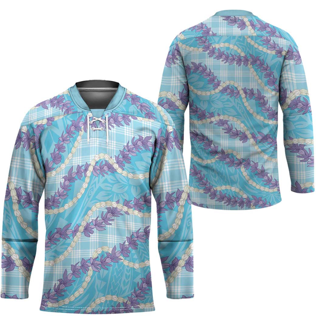 Blue Hawaii Palaka Honohono Pikake Hockey Jersey Hawaiian Orchid Lei Polynesian Pattern - Polynesian Pride