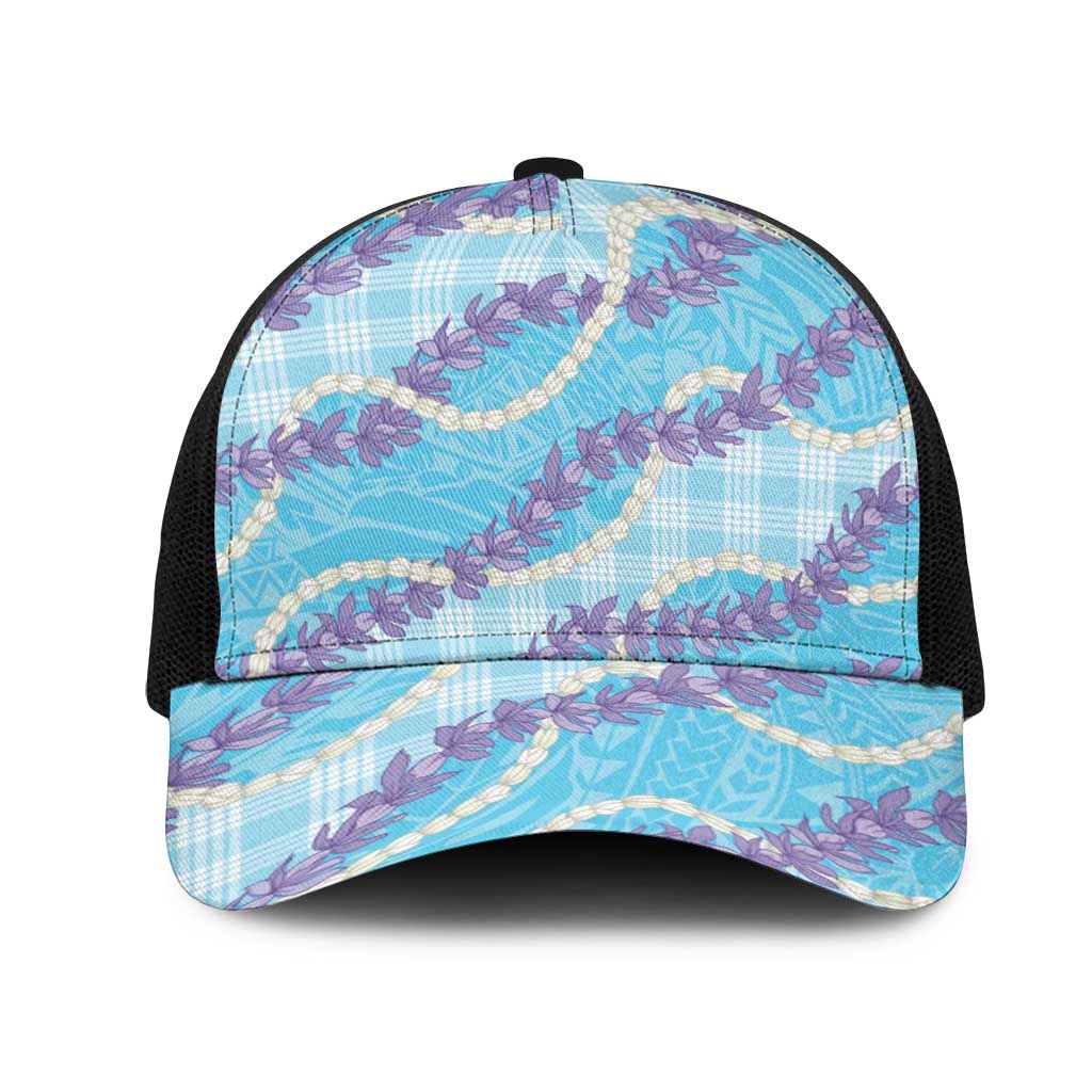 Blue Hawaii Palaka Honohono Pikake Mesh Trucker Cap Hawaiian Orchid Lei Polynesian Pattern - Polynesian Pride