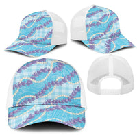 Blue Hawaii Palaka Honohono Pikake Mesh Trucker Cap Hawaiian Orchid Lei Polynesian Pattern - Polynesian Pride
