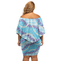 Blue Hawaii Palaka Honohono Pikake Off Shoulder Short Dress Hawaiian Orchid Lei Polynesian Pattern - Polynesian Pride