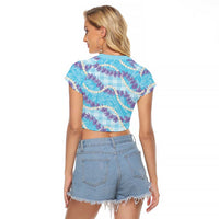 Blue Hawaii Palaka Honohono Pikake Raglan Cropped T Shirt Hawaiian Orchid Lei Polynesian Pattern - Polynesian Pride