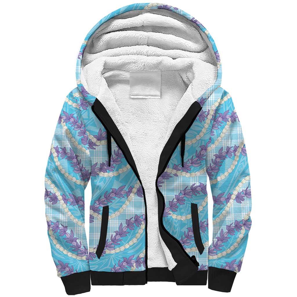 Blue Hawaii Palaka Honohono Pikake Sherpa Hoodie Hawaiian Orchid Lei Polynesian Pattern - Polynesian Pride