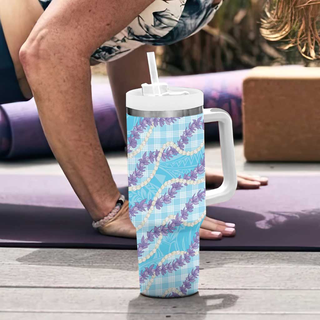 Blue Hawaii Palaka Honohono Pikake Tumbler With Handle Hawaiian Orchid Lei Polynesian Pattern - Polynesian Pride